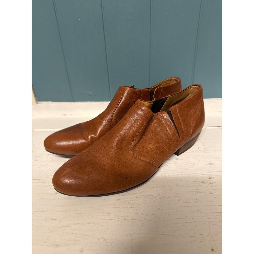 Nine West Tan Leather Ankle Boots Block Heel Side Zip Women Size 8.5
